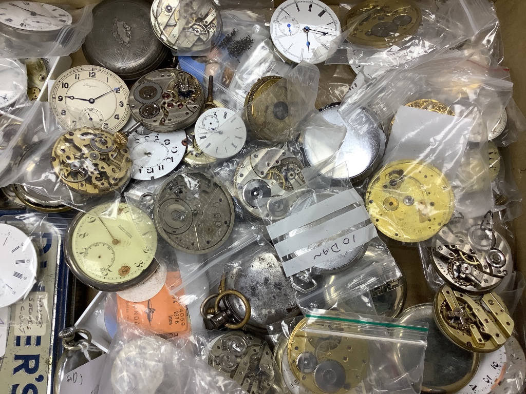 A collection of assorted pocket watch movements and parts including Longines, Audemars Freres and other pocket watches.
